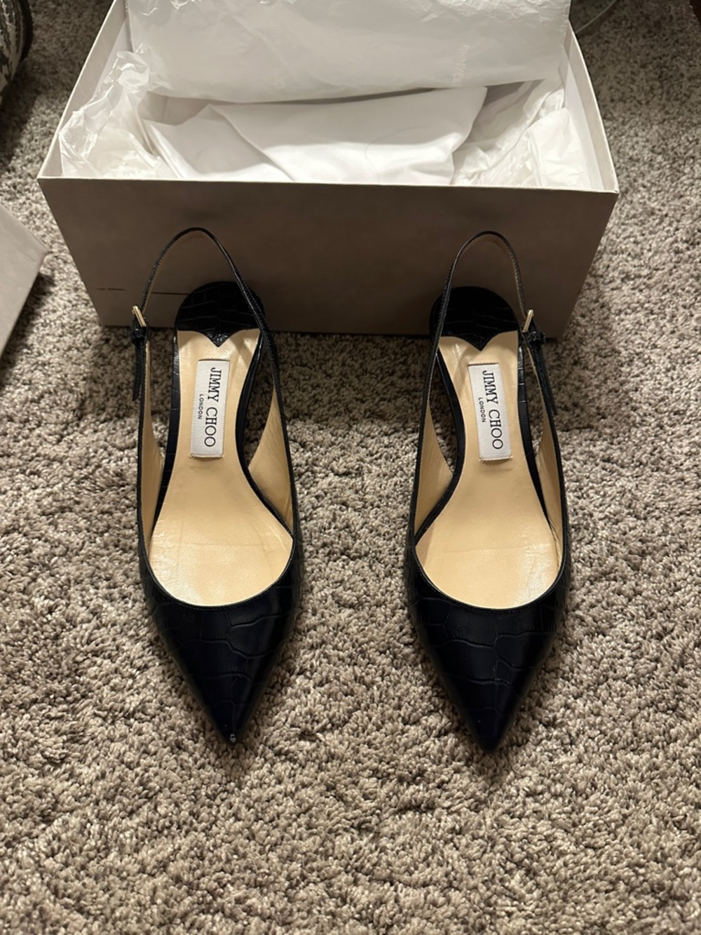 Jimmy Choo Navy Croc-Embossed Leather Slingback Heels